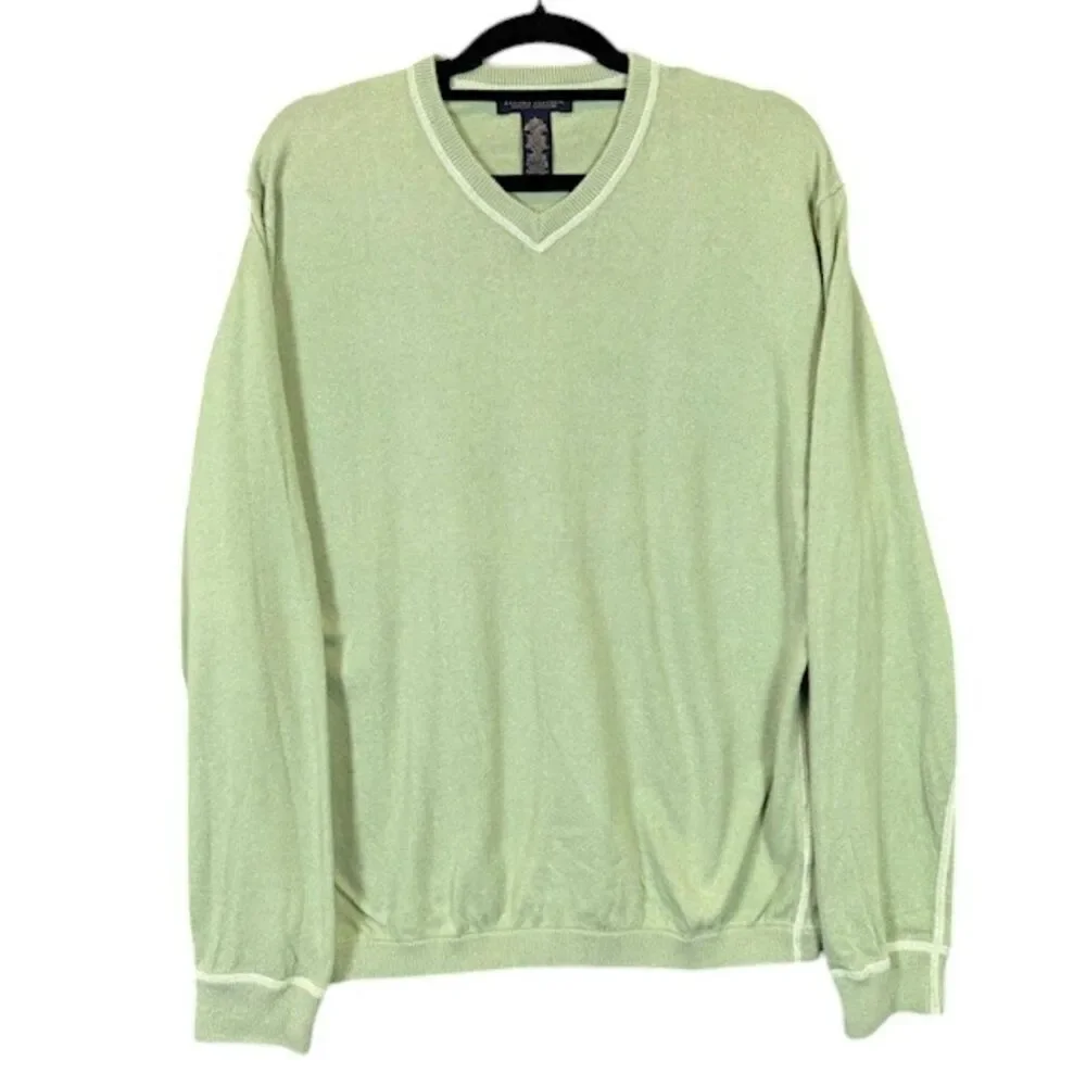 Banana Republic Cotton Cashmere V-Neck Sweater Contrast Stitch‎ Green Size Large